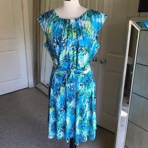 Tahari ASL Blue and Green Multicolored Flare Dress